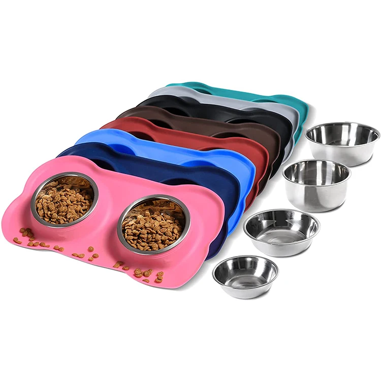 Pet Dog Bowls 2 Stainless Steel Dog Bowl with No Spill Non-Skid Silicone Mat Pet Food Scoop Water and Food Feeder Bowls