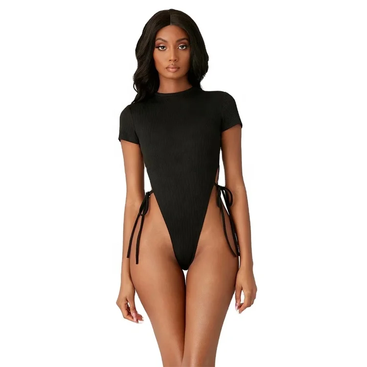 2022 Latex Wholesale Fitness Sexy Black High Leg Ribbed Bodysuits for Women