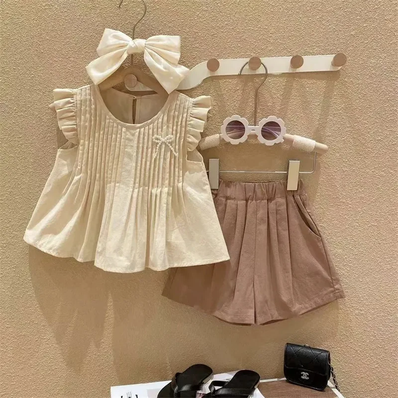 Wholesale Korean children sweet clothes sets summer baby girls sleeveless ruffles shirts vest+shorts suit kids clothing outfit