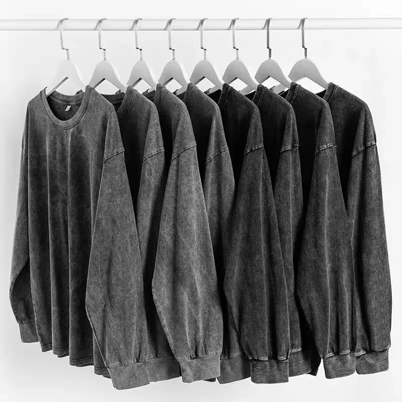 Высококачественные Футболки с длинным рукавом роскошные 100 хлопковые футболки 300 gsm высоким весом уличная одежда черные кислотной стиркой мужские
