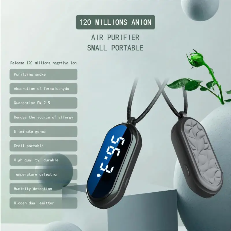 Индикатор температуры и влажности, USB перезаряжаемый аккумулятор, анионное ожерелье, маленький очиститель воздуха, Тихий Домашний Мини-очиститель воздуха