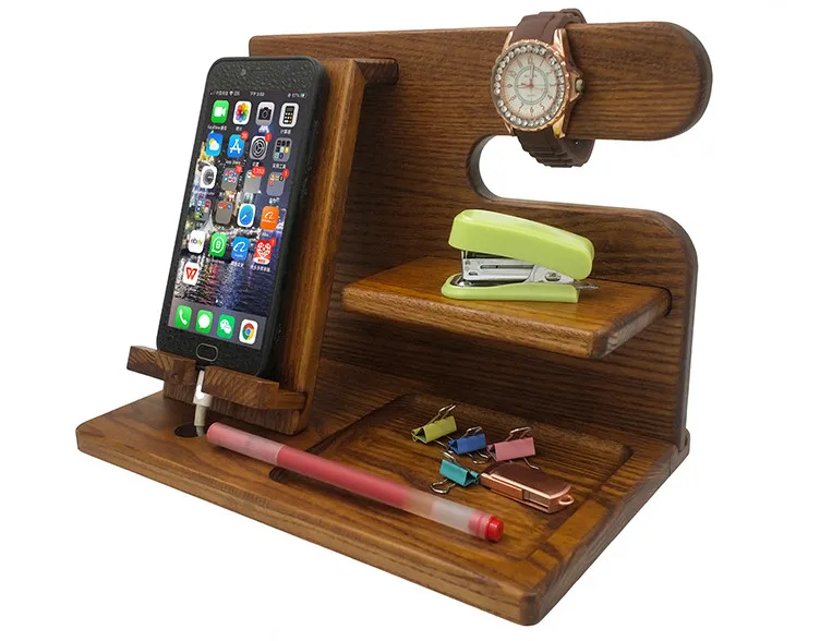 Nature Wood Phone Docking Station Key Holder Wallet Watch Organizer Stand Desktop Desk Wood Mobile Phone Holders Stand