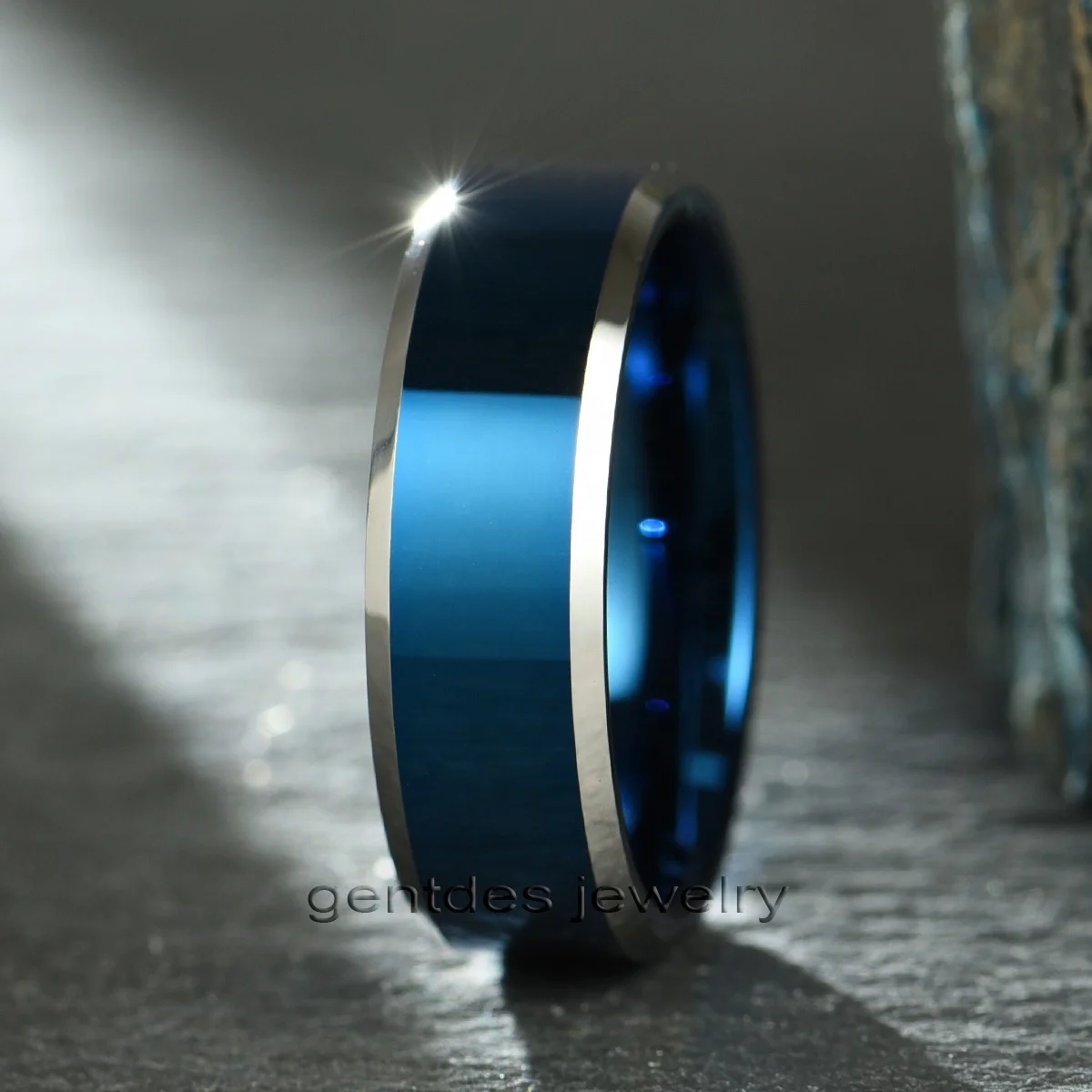 Gentdes Jewelry 8MM Blue&Silver Beveled edge Tungsten Ring Mens Tungsten Wedding Bands Fine Jewelry Rings