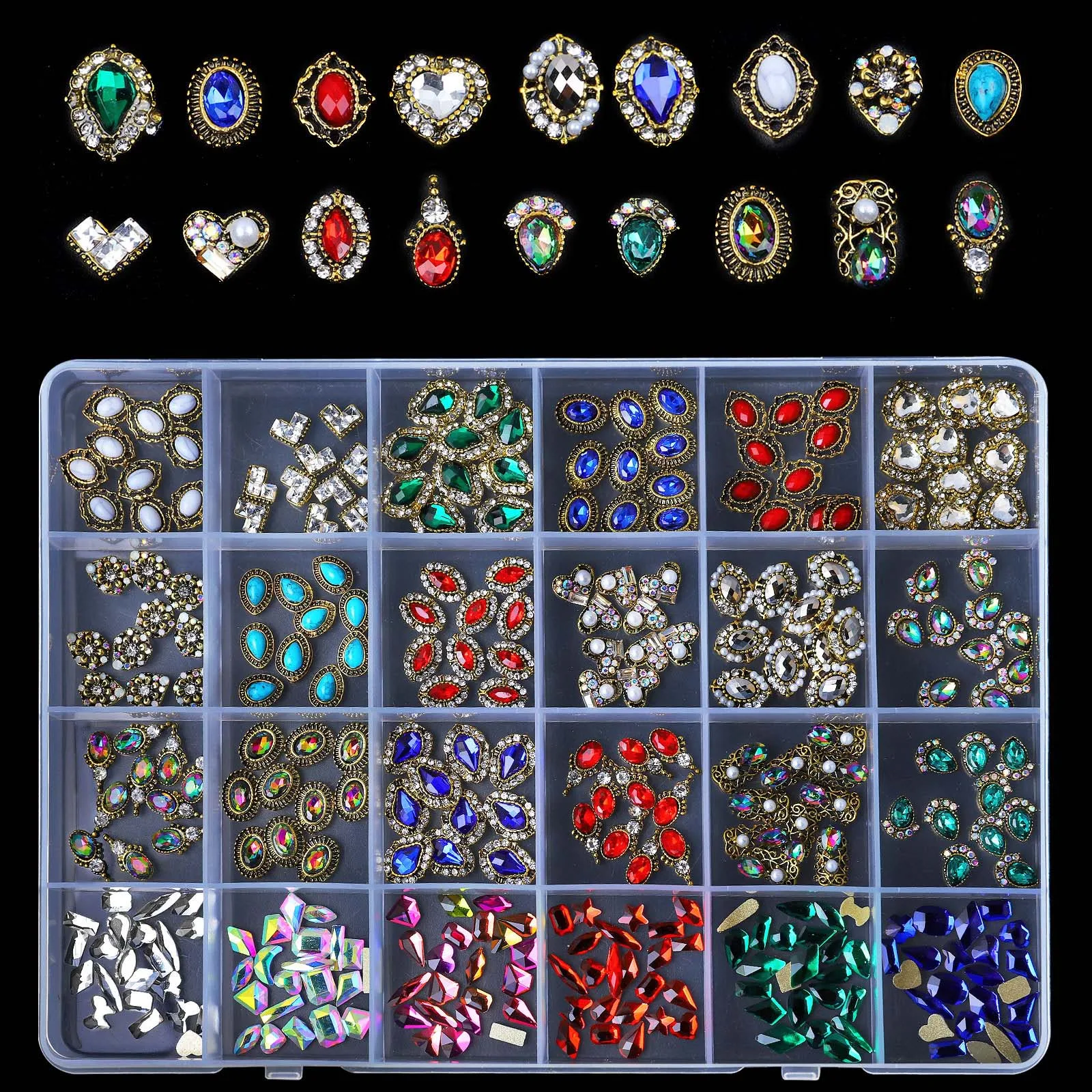 24 Grids Nail Diamond Jewelry Rhinestones Mixed Glitter Stones Shaped Flat Bottom Zircon Nail Art 3D Charms