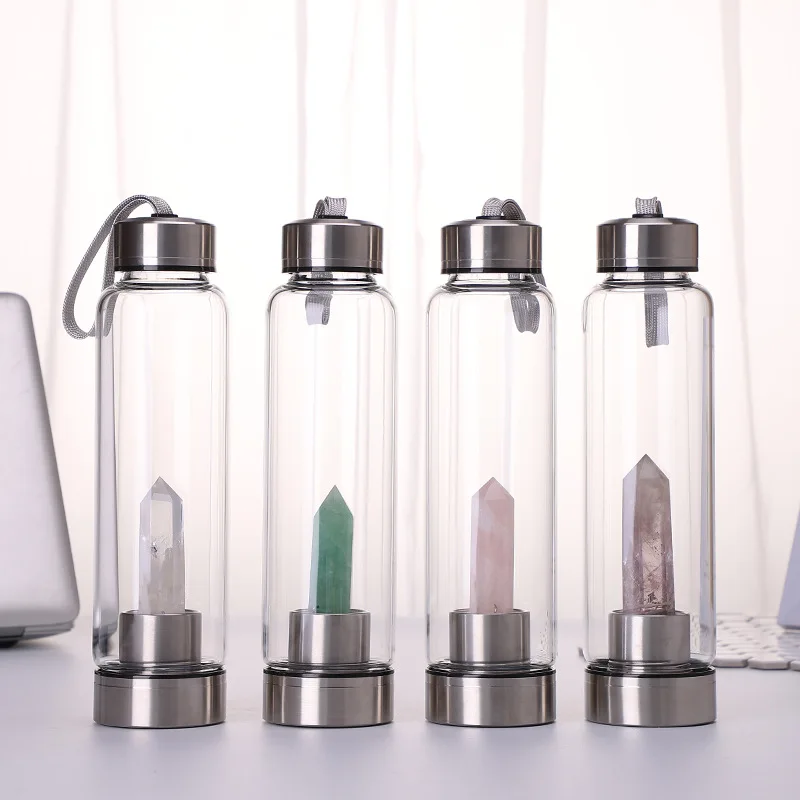 Madou Eco Friendly Reusable Gemstone Cup Fruit Infuser Sports Gem Infused Glass Healing Elixir Crystal Gemstone Water Bottle