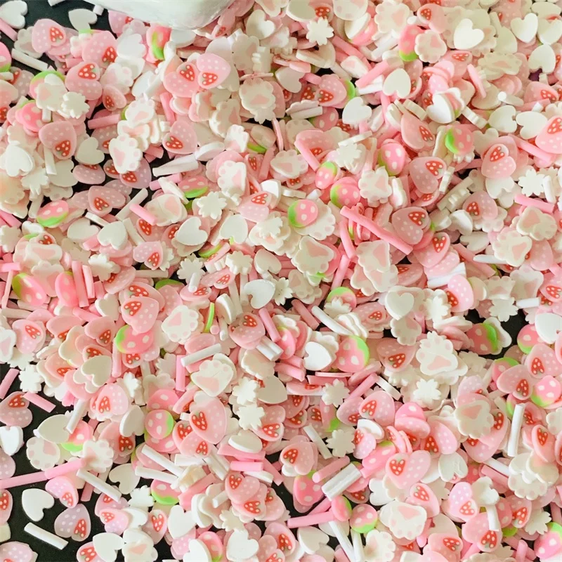 100g/bag Pink Heart Strawberry Mixed Slices Polymer Clay 3D Craft Slime Slices Diy Dolls for Mobile Phone Case Decorations
