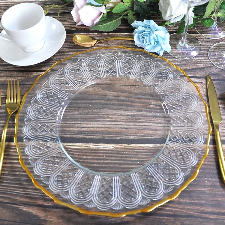 Custom 13 inch glass pressed chargers plate for wedding Gold rim pattern charger plate