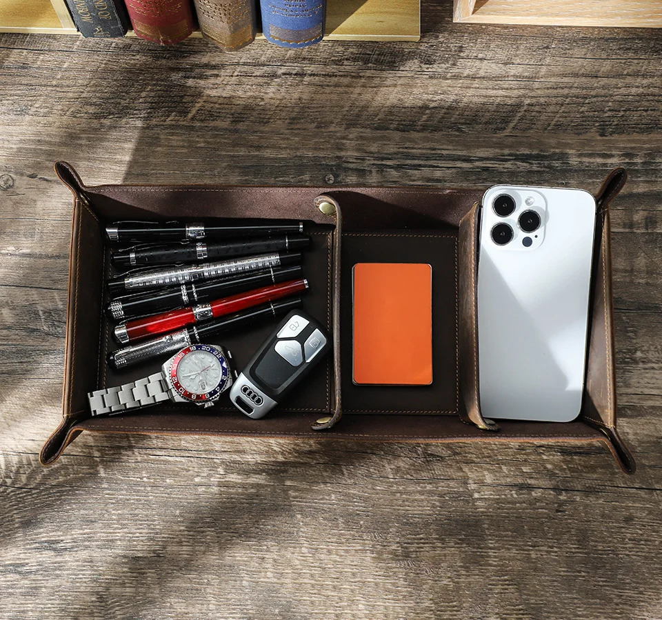 Long Partitioned Jewelry Tray Genuine Leather Snap Leather Travel Valet Tray Home Hotel Office Leather Decor Catch-All Tray