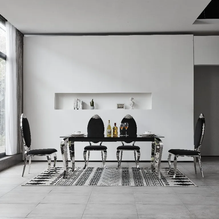 Black long stainless steel extendable dining table set