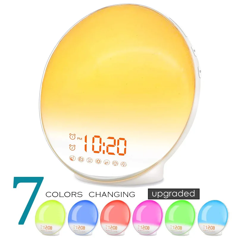 Smart Dual Alarm Clock 7 Colorful Bedside Light Sunrise Simulation Wake Up Light With FM Radio Wake Up Light