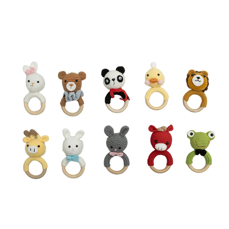 Natural Wooden Baby Toys Handmade Cotton Crochet Teether Wooden Rattle Ring Stuffed Animal Plush Toys for Infant