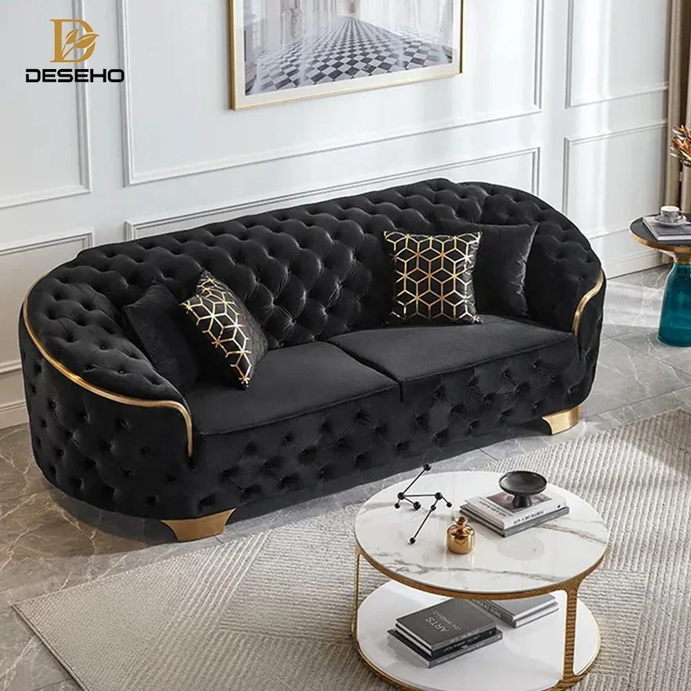DISIHE Light Luxury Living Room Tufted Couch Set Furniture Velvet Loveseat Ivory White 2 3 Seater Sofas Gold Frame Sofa