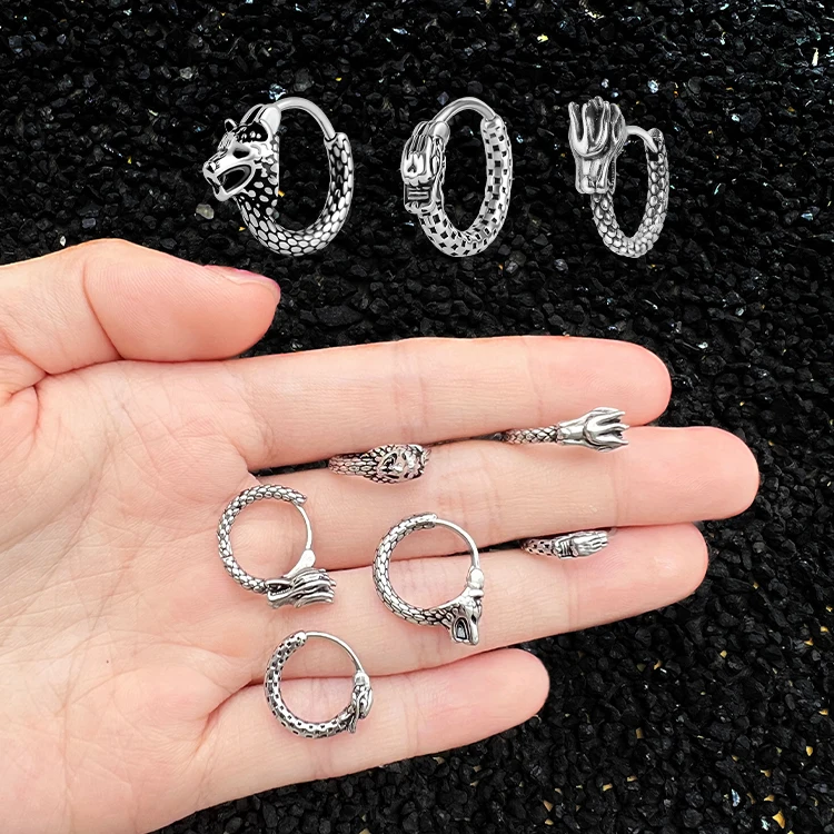 Wholesale Hoop Earrings Men Punk Style Stainless Steel Dragon Gothic Earrings