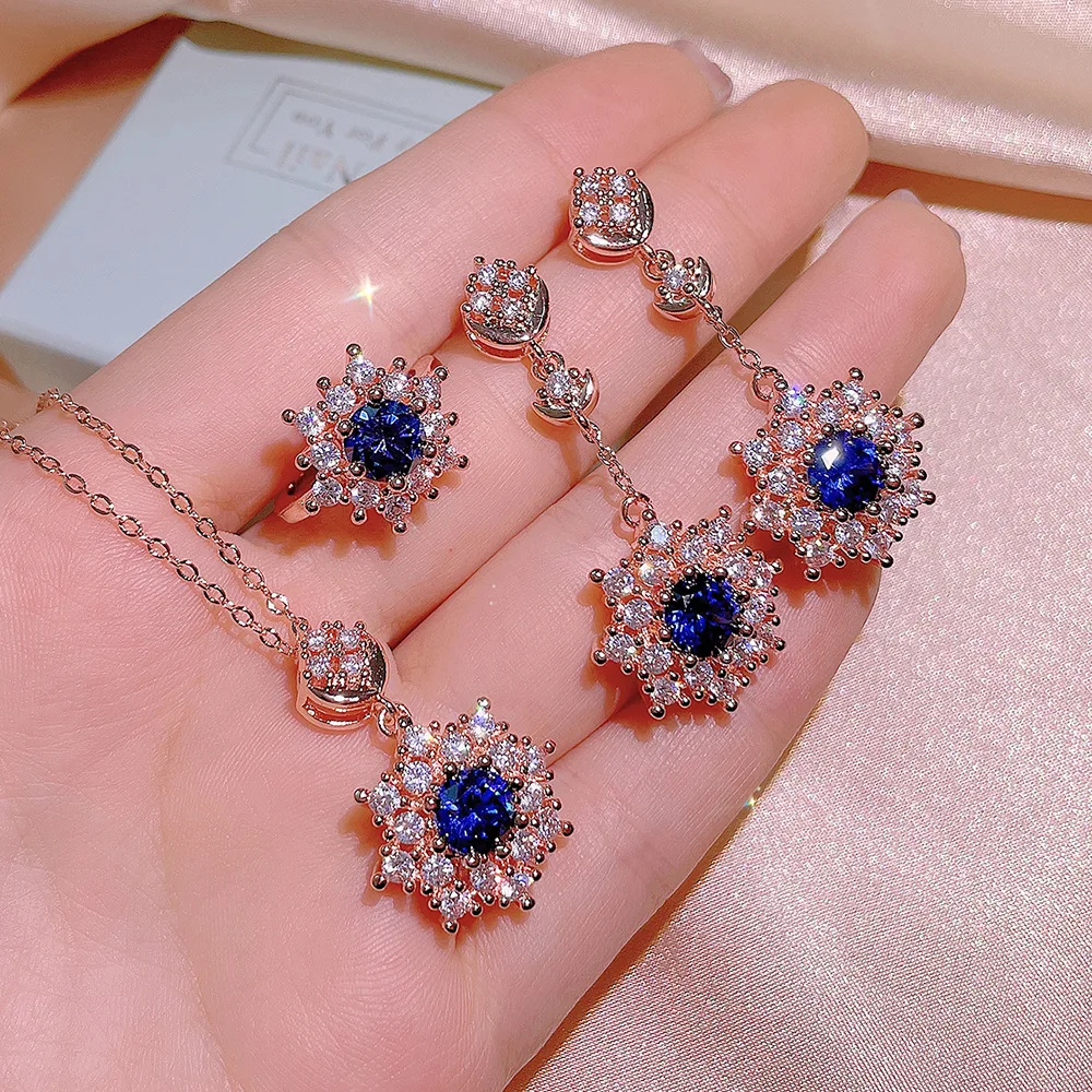 Wholesale 2022 Fashion Snowflake Zircon Blue Jewelry Set silver  plated women jewelry
