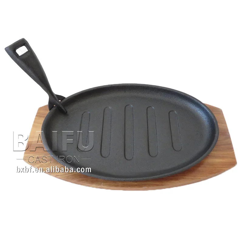 Cast Iron Steak Skillet Fajita Sizzling Pan 10in Hot Dish Sizzling Plate Serving Platter with Wooden Base Plate