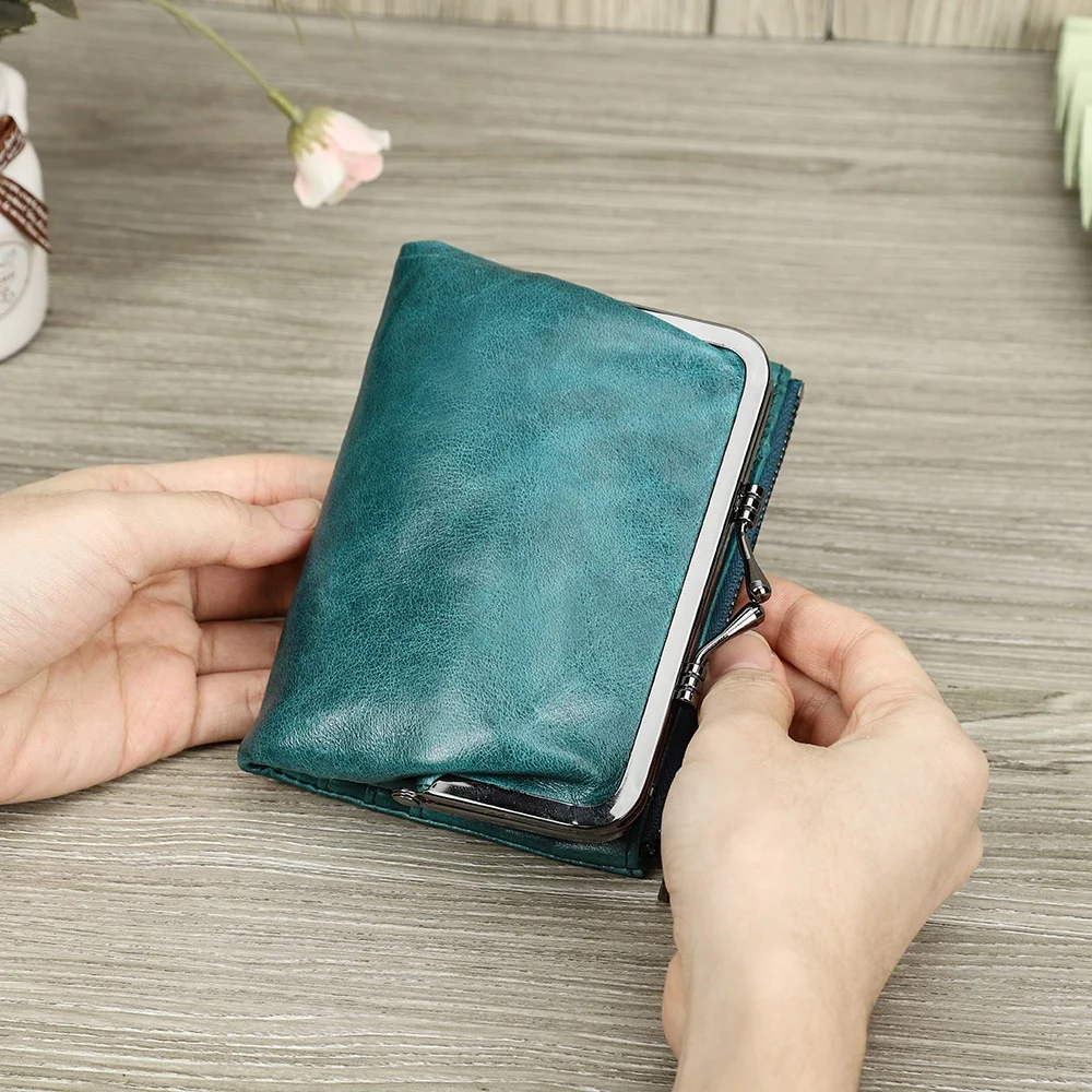 Luxury Women Vintage Genuine leather RFID small wallet ladies kiss lock mini Clutch Card Holder Coin Purse wallet for women