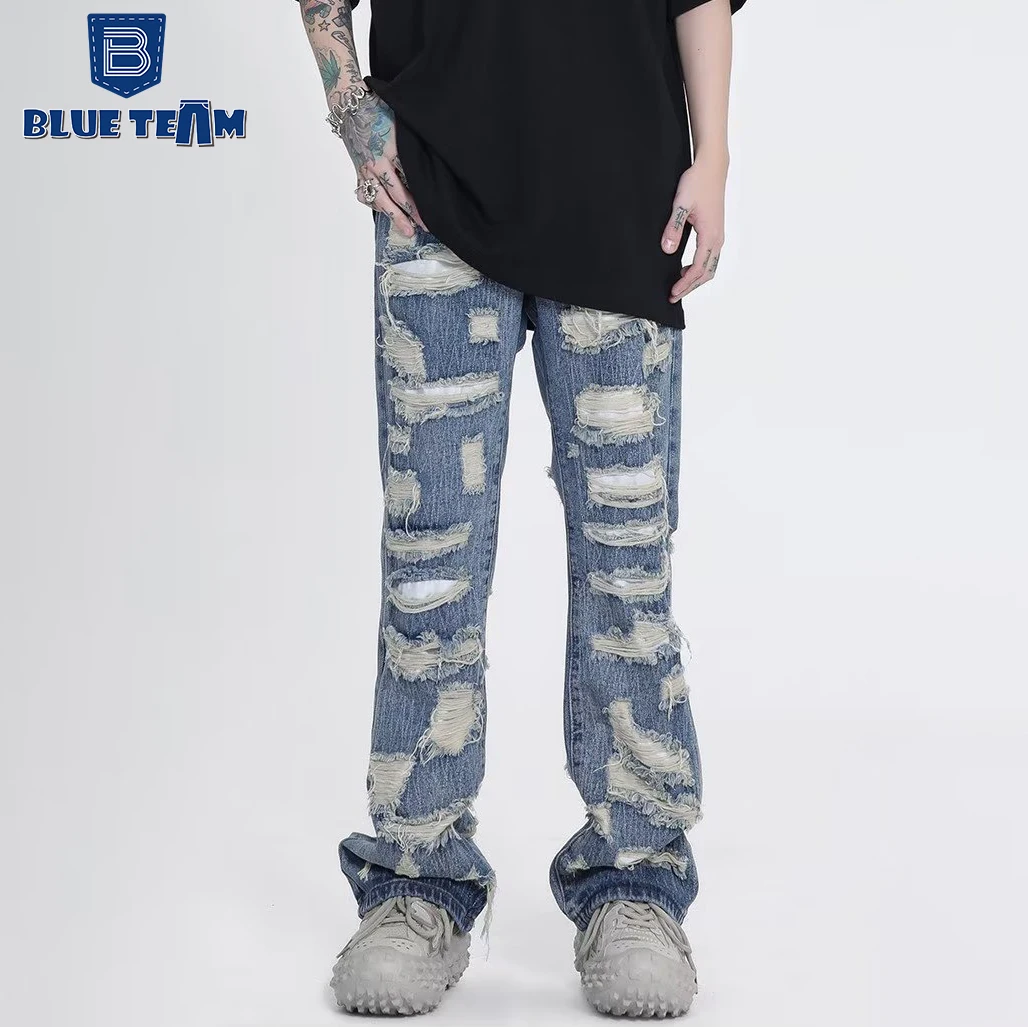 Blue Team customize designer new style OEM/ODM straight zipped distressed graffiti hign quality jeans for men