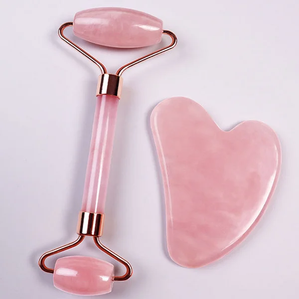 High quality facial massager rose quartz gua sha set pink jade roller with box packing jade roller massage tool customizable