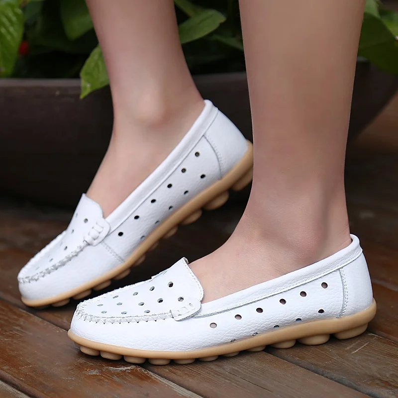 Brand Genuine Leather Shoes Woman Cutout Loafers Slip On Breathable Ballet Flat Ballerina Flats