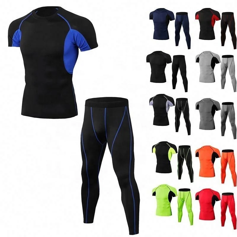 Hot Selling Custom Polyester Spandex Short Sleeve Two Piece Workout Gym Clothing Fitness Wear Set For Men Tights