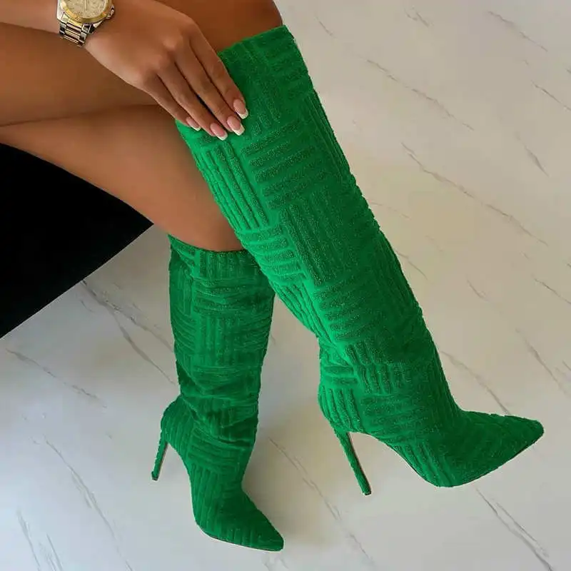 PDEP 2022 Hot Design Towel Material Wide Calf Girls Green Long Boots Sexy Steel Toe Thin High Heel Women Boots