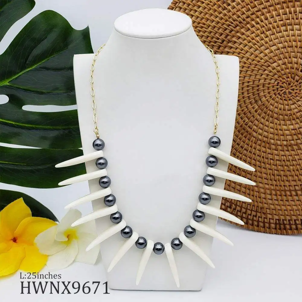 DAIHE Hawaiian Niche Design Tribal Style Beaded Bull Horn Necklace Retro Shell Beads Collars Necklace