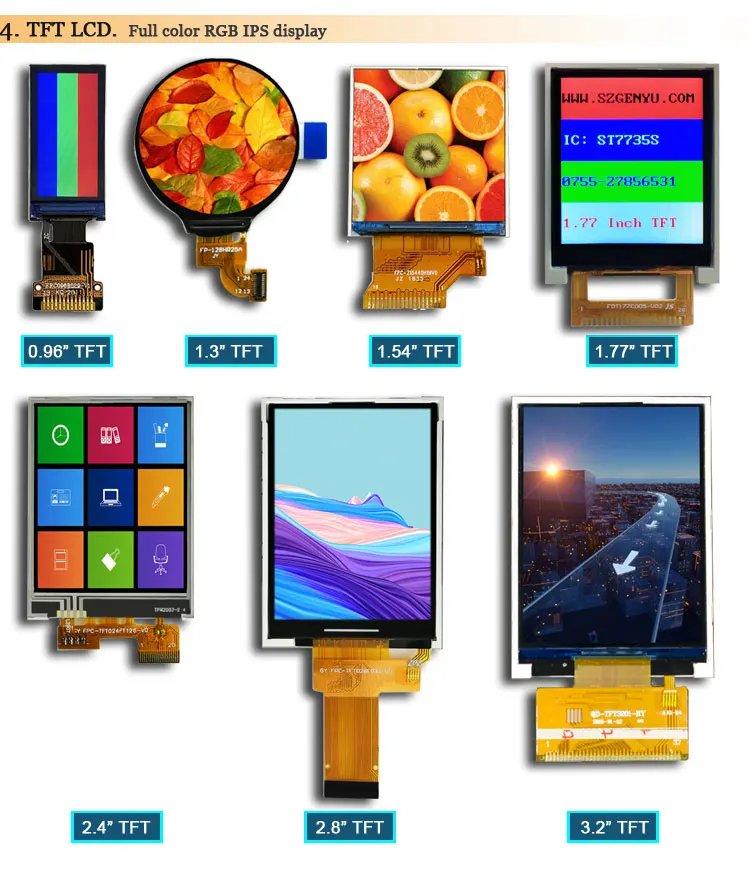 color lcd display, Round tft display, TFT display, LCD Module, Round Display, 2.4inch tft lcd, 1.28" display, 4.3 inch tft lcd,  Small 0.96 / 1.3 / 1.54 / 2.0 / 2.4 / 3.2 / 3.5 / 4.3 inch tft lcd Round tft display RGB lcd touch screen Color lcd display. Genyu has tens of thousands of LCDs for your reference. TFT, tft lcd display