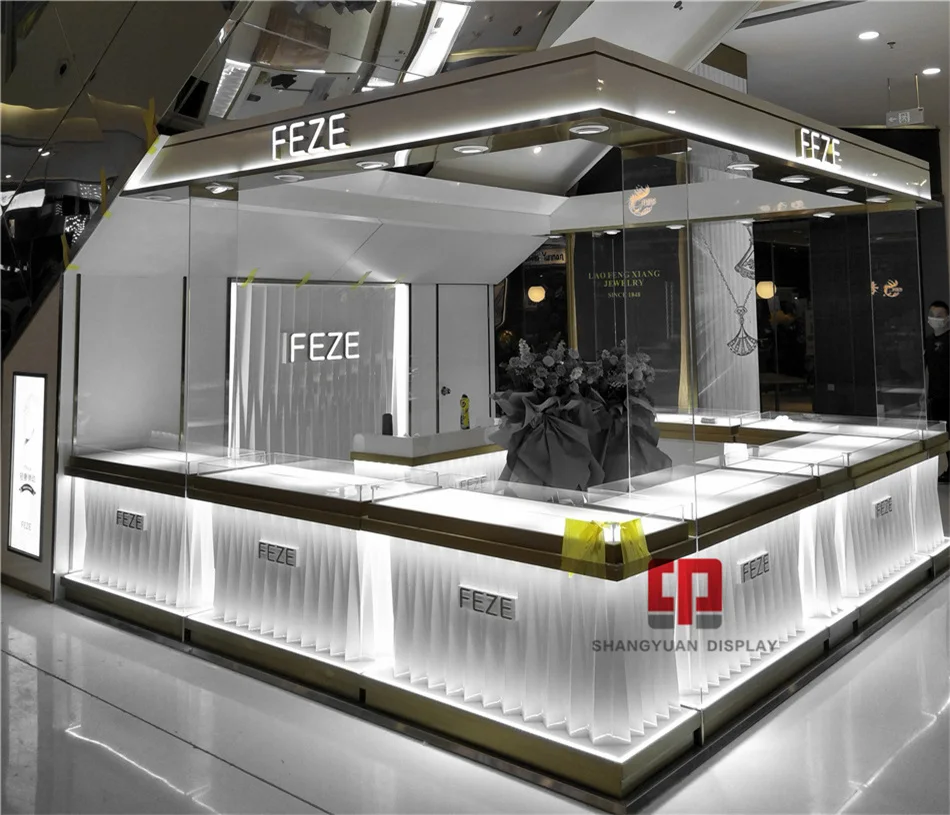 Fashion jewelry kiosk showcase customization jewelry store design wooden paint display cabinet manufacturer