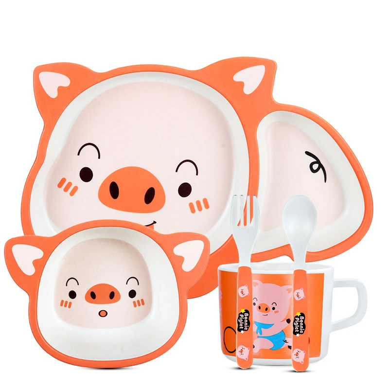 Bamboo fiber tableware Cute cartoon whale elephant giraffe baby kids children bowl divided plate spoon fork tableware set