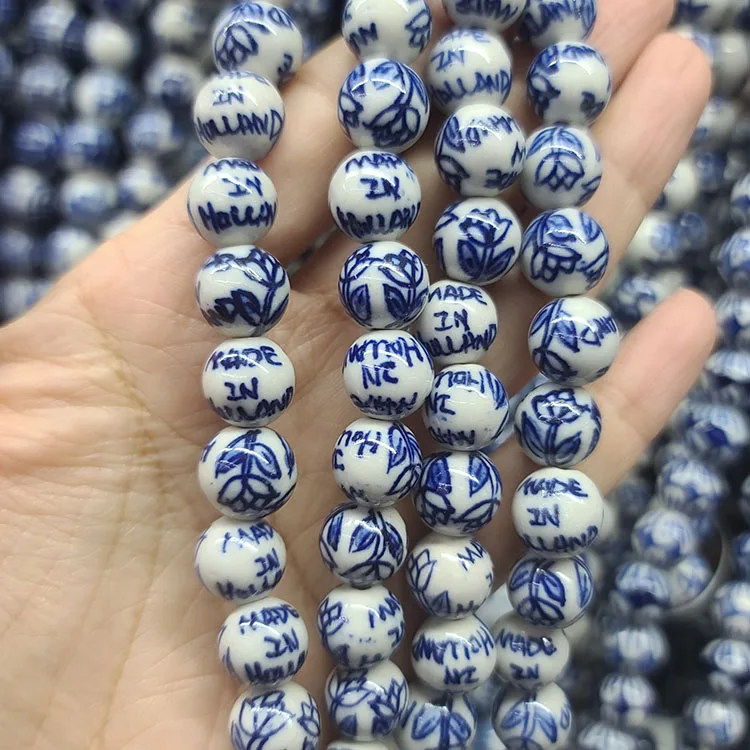 CC1888 12MM Hand Painted Ceramic Blue White Porcelain Round Beads ,Chinoiserie China Blue White Double Happiness Longevity Beads