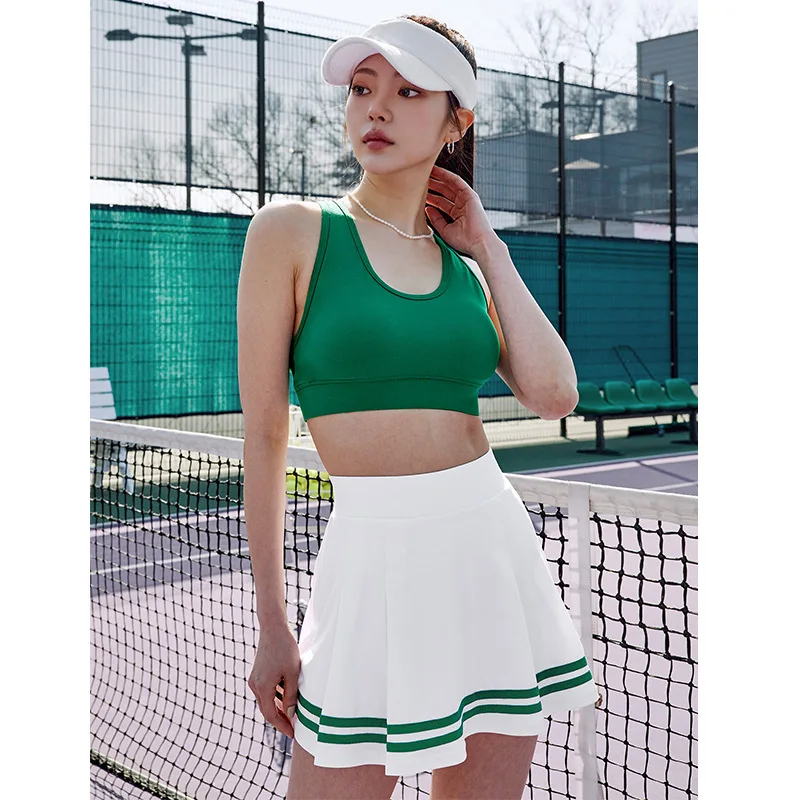 2 in 1 Inside Pocket Stripe Printing Pleated Women Tennis Sport Skirt