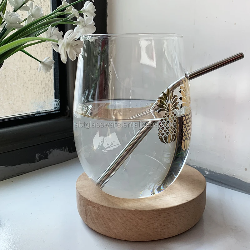 Custom logo Borosilicate Wine Glass cup with straw dishwasher safe