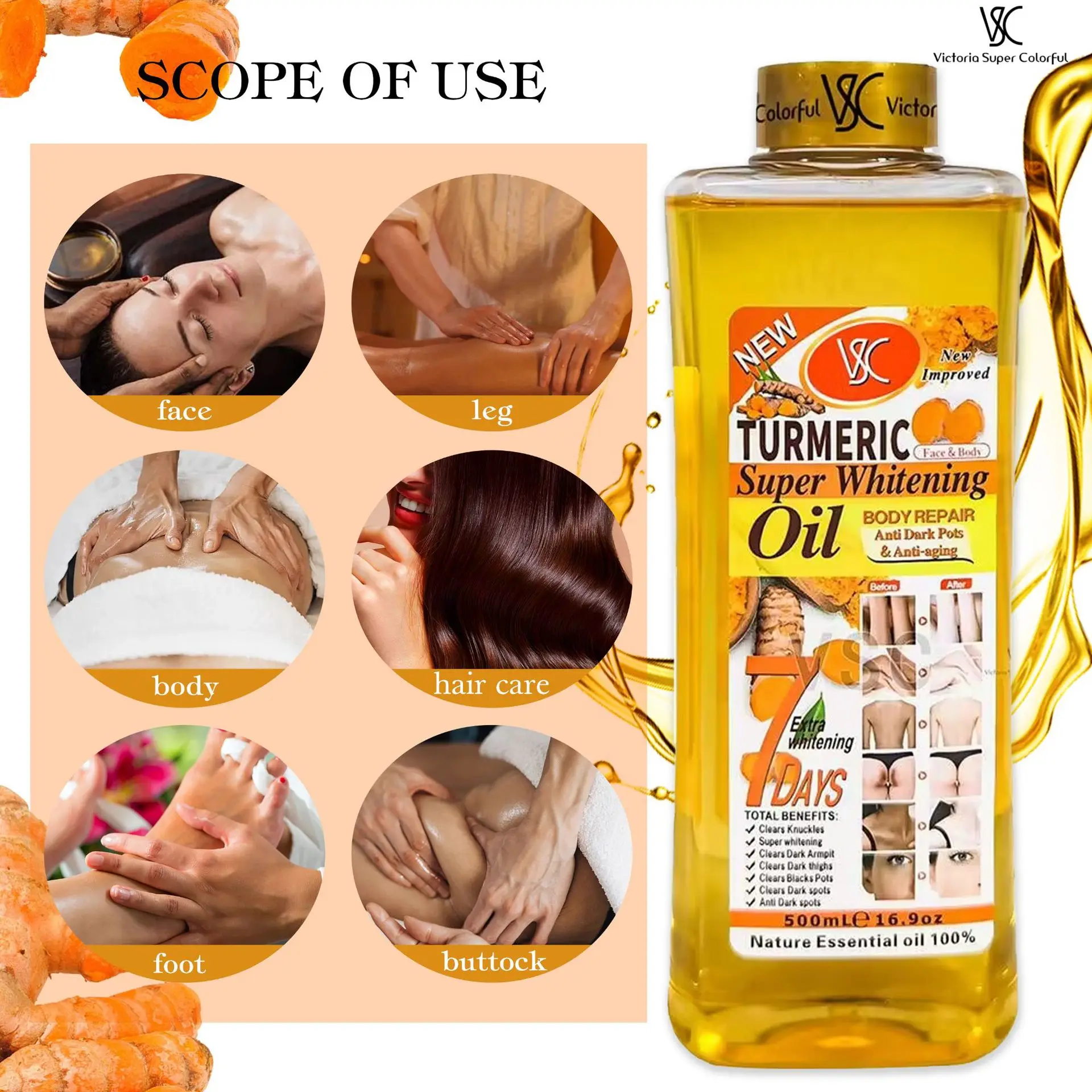 VSC Turmeric almond Massage Oil 7 days Moisturizing Brightening Facial Skin Removing Blackness rose body massage oil 500ml