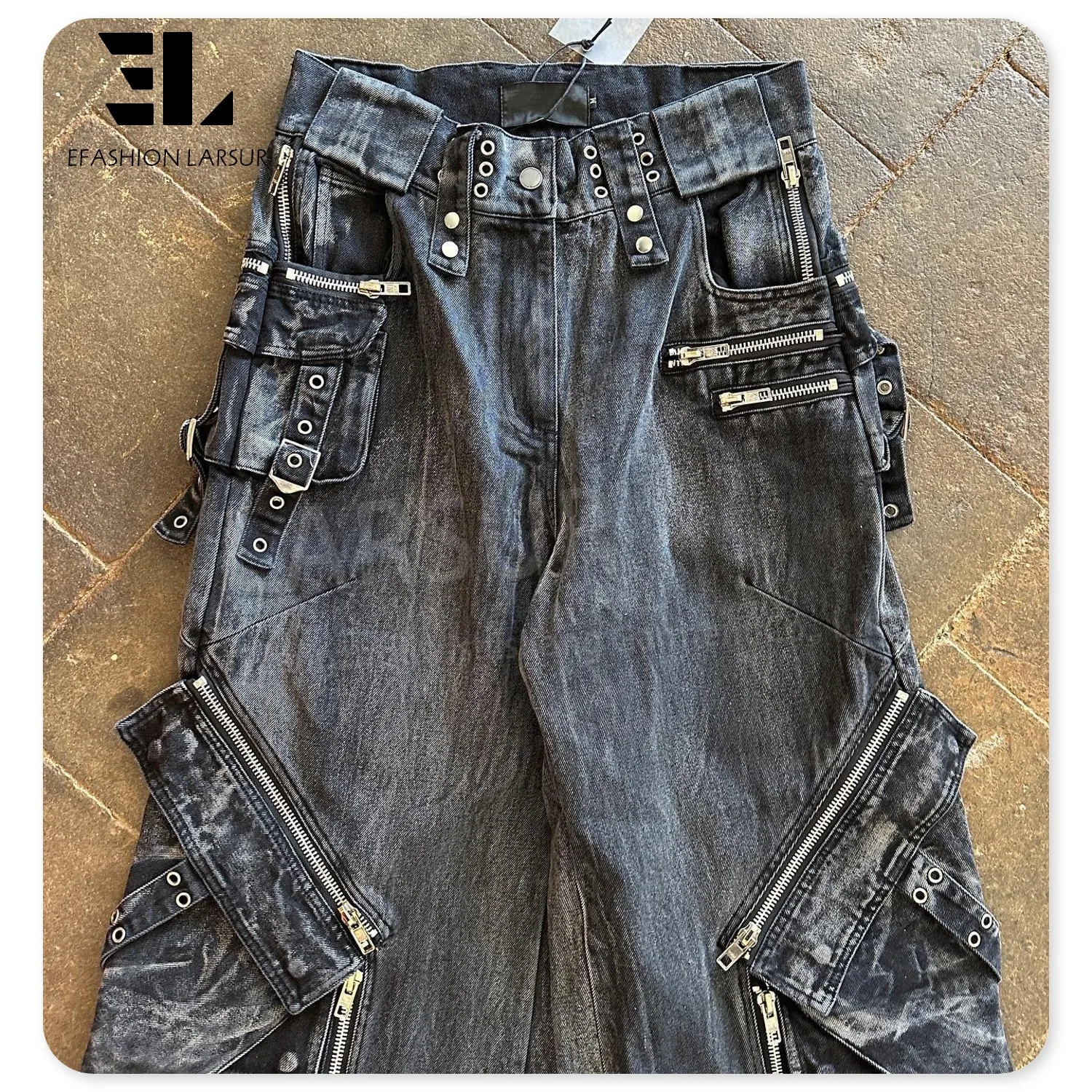 LARSUR Custom denim factory stone washed heavy cargo jeans men with multi pocket baggy wide distress flare cargo denim pants