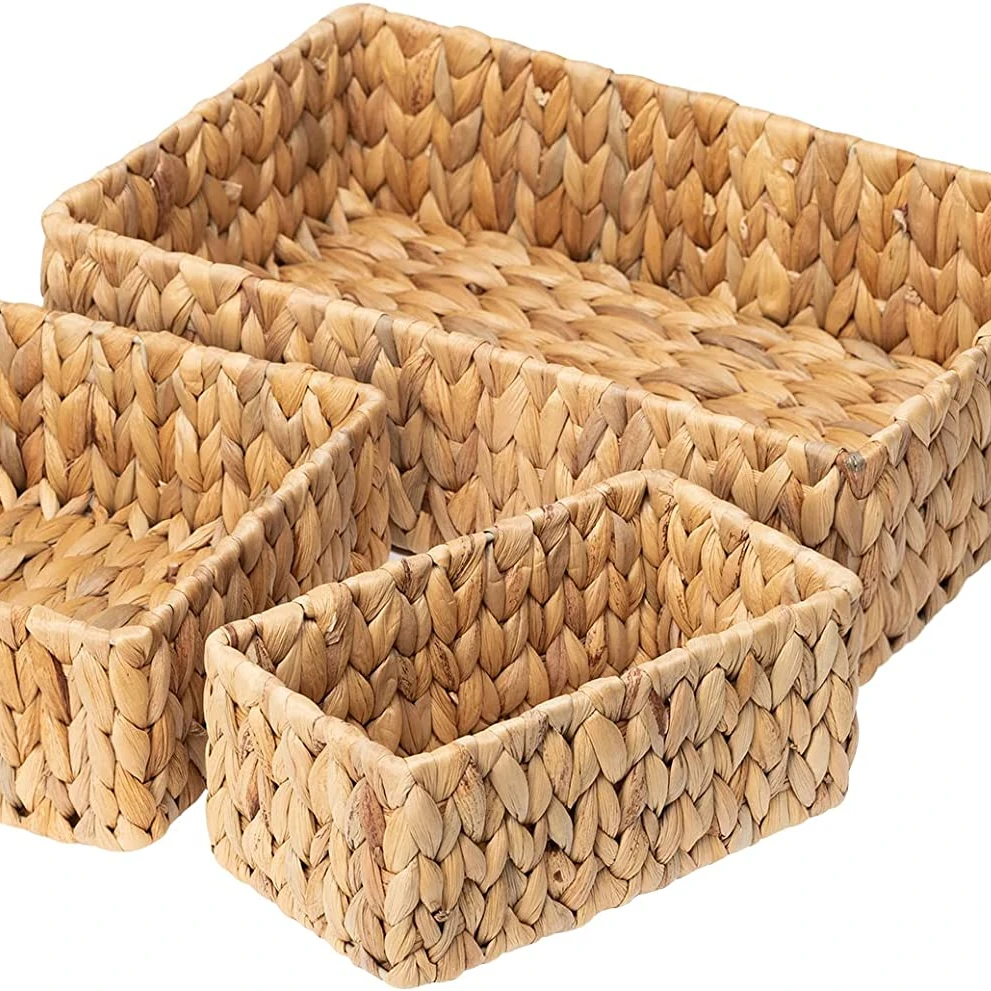 Handmade Natural Water Hyacinth Wicker Baskets for Storage Shelves Organizing, Rectangle Wicker Basket