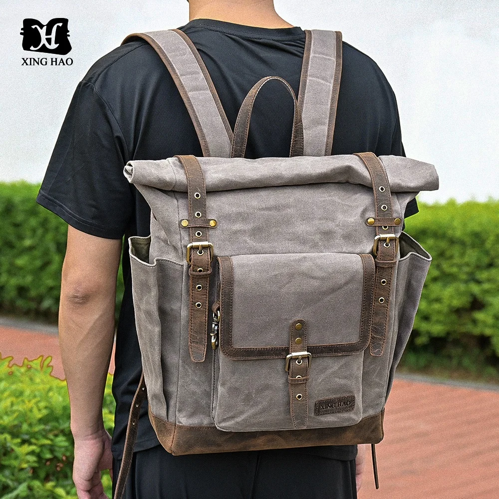 Handmade Vintage Waxed Canvas Large Capacity Travel Laptop Hiking Daypack School Vintage Rolltop Rucksack Backpack for Men Women