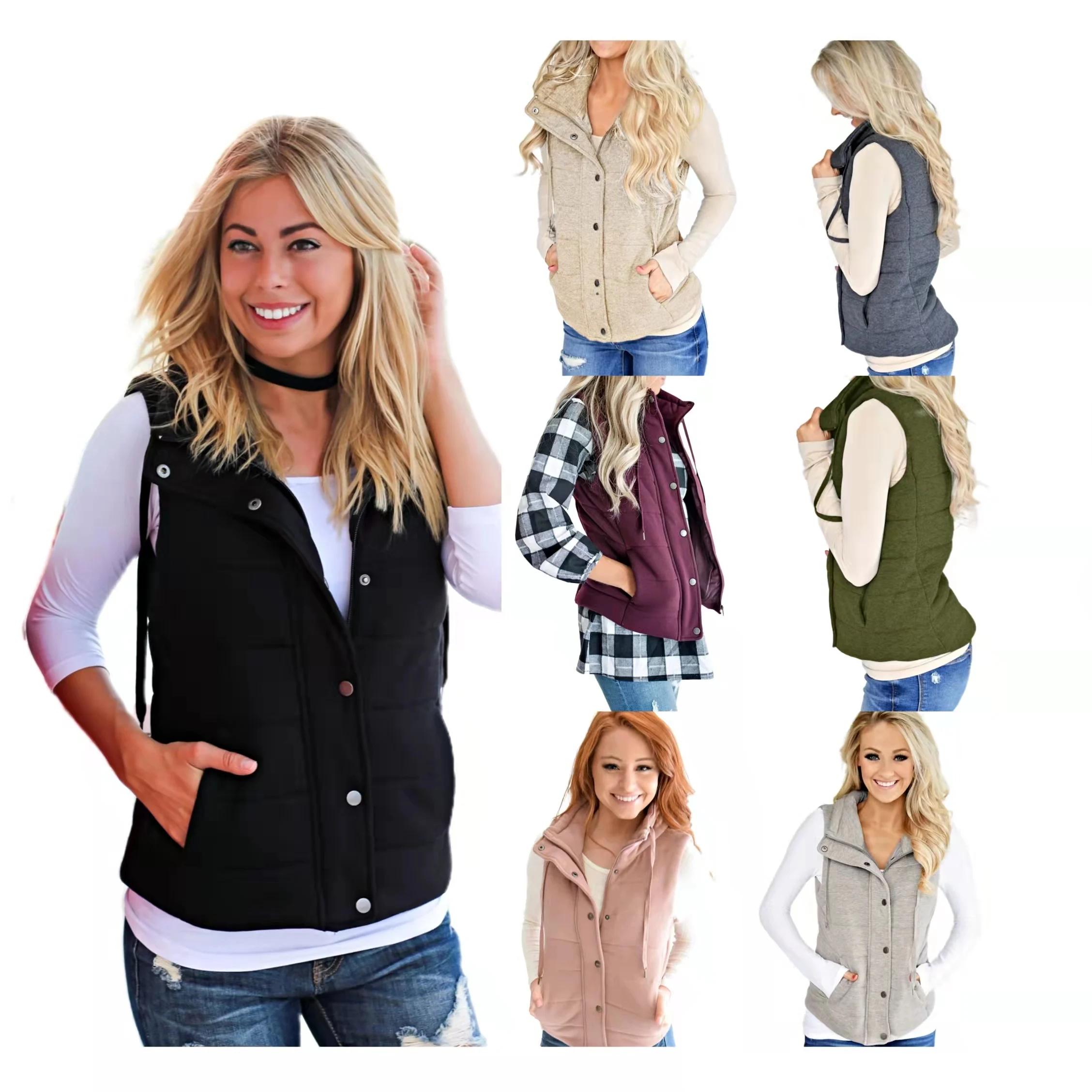 Low MOQ Autumn And Winter Sleeveless  Button Vest Coats Women Solid Color Waistcoat Jackets