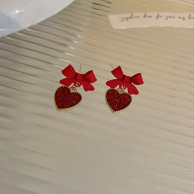 ED64858 Korean cute red heart hypoallergenic bowknot earrings fashion 14K gold plated women jewelry