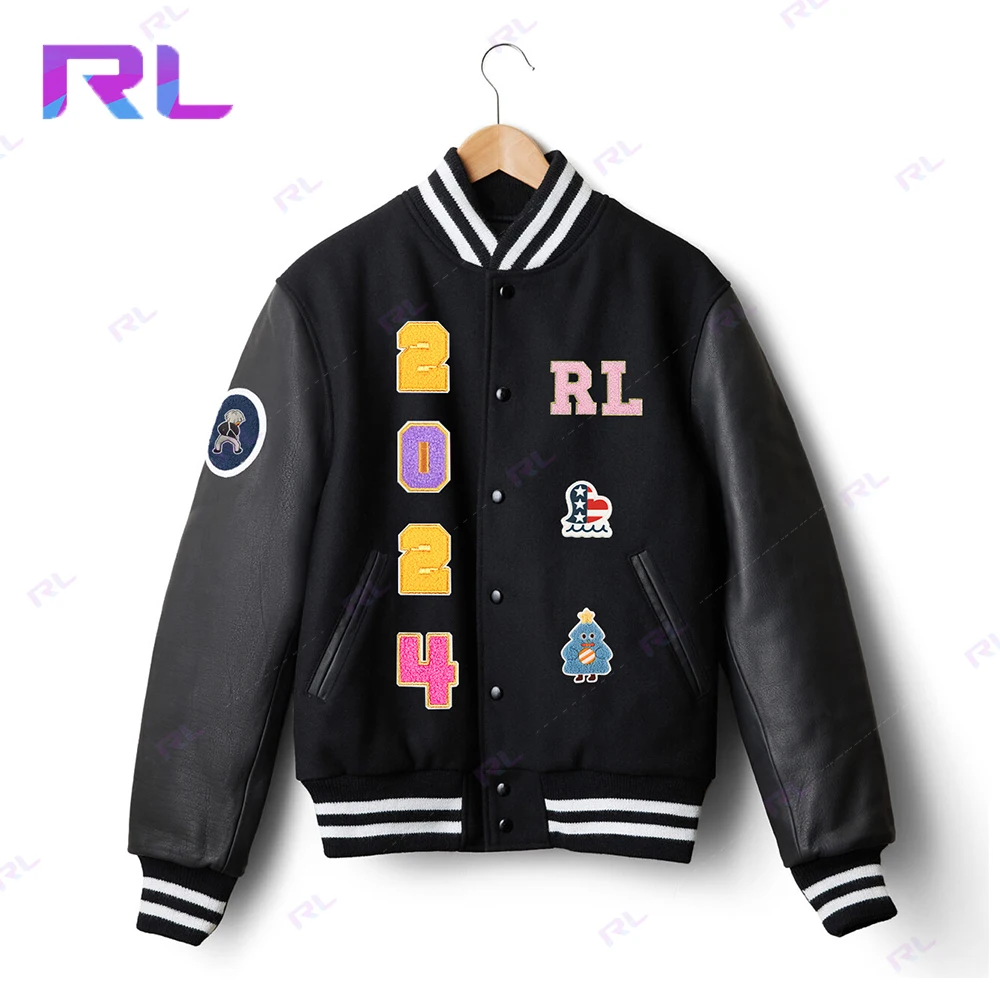 Varsity Letterman Jackets Custom Logo Shoulder Baseball College Jacket Genuine Leather Sleeves Women Jackets