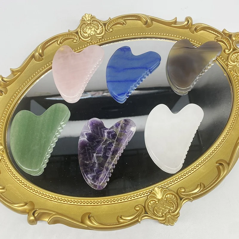 Wholesale heart shape Guasha With Teeth Tool Amethyst Crystal Scraping Stone For Face and Body heart shape scraping massage