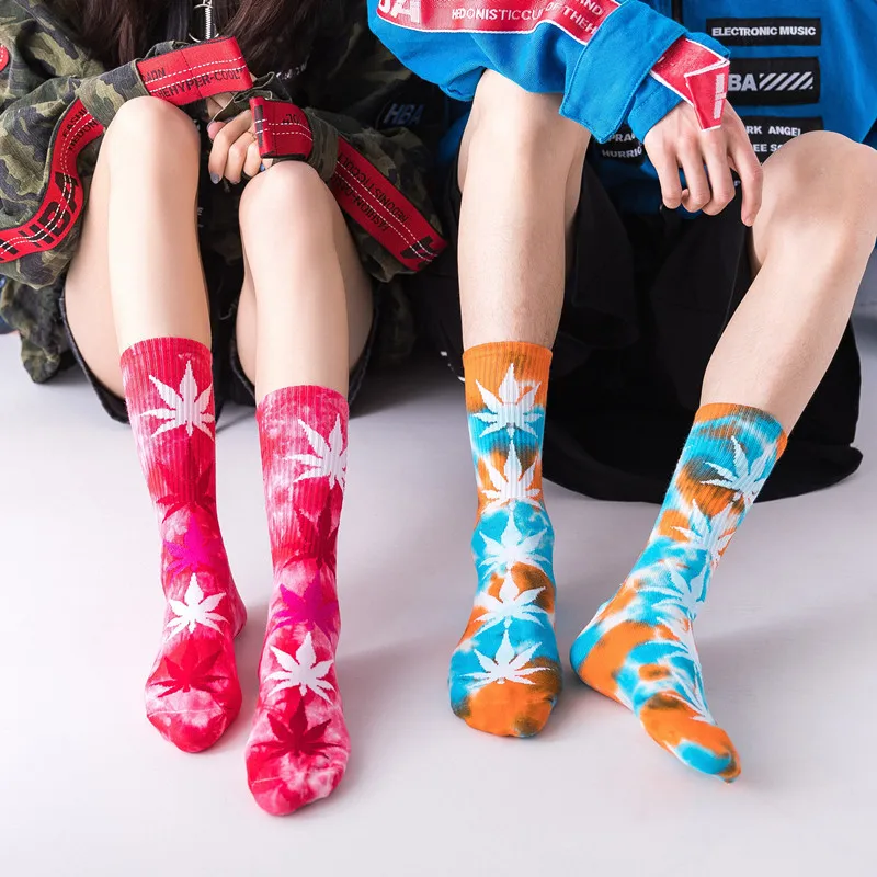 Spring Summer New Socks Men Women 13 Color Choices Weed Leaf Hemp Plant Leaf Print Hip Hop Couple Tie Dye Sports Socks