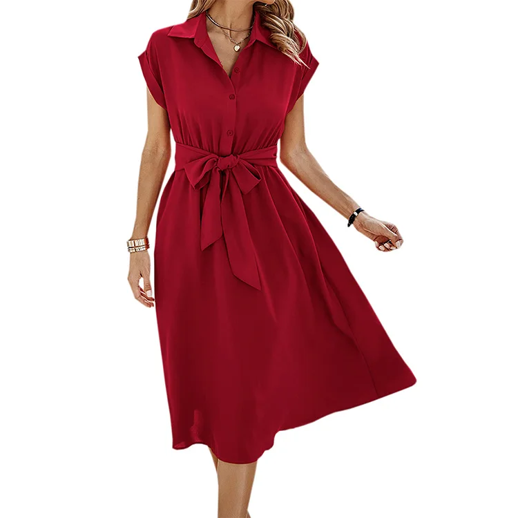 Womens Casual Midi Dresses Solid Turn Down Neck Short Sleeve Button Shirt Dress with Pockets for Spring Summer