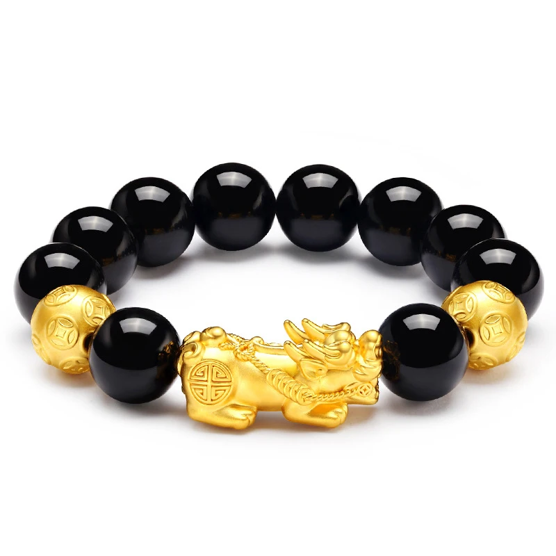 Blues RTS  Nature Black Stone Obsidian Beads Bracelet Gold Plated Pixiu Attract Lucky Wealth Bracelet For Men Women Jewelry