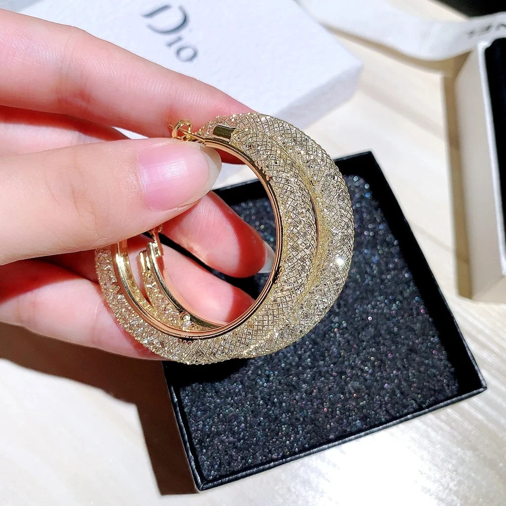 Luxury Fashion 925 Sterling Silver Fine needle Rhinestone Crystal Fashion Hoop stud Earrings