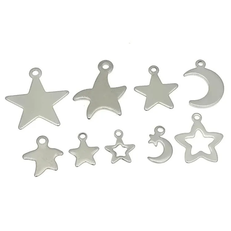 100pcs/bag Stainless Steel Geometric Hollow Tags Flower Leaf Pattern Filigrees Moon Star Anchor Charms DIY Jewelry Findings
