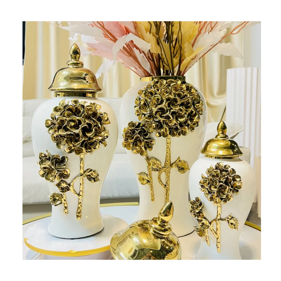 Nordic style luxury flower carved white ceramic vase ginger jar for home Christmas  decoration