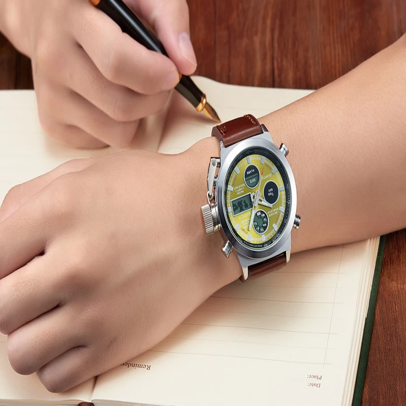 BIDEN Digital Watch Fashion Men Electronic Leather Watches LED Display Quartz Dual Movement Wristwatches