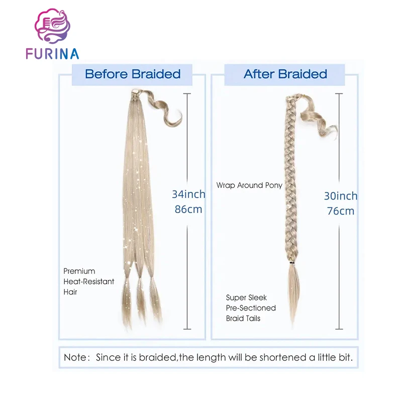 Furina synthetic braided premium heat resistant 30 inch 34 inch tinsel hair ponytail with rubber band hair ring for women