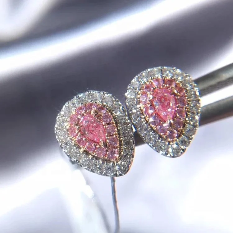18 carat 18K AU750 Wholesales Pear Cut Pink Diamond Stud Earrings Jewelry