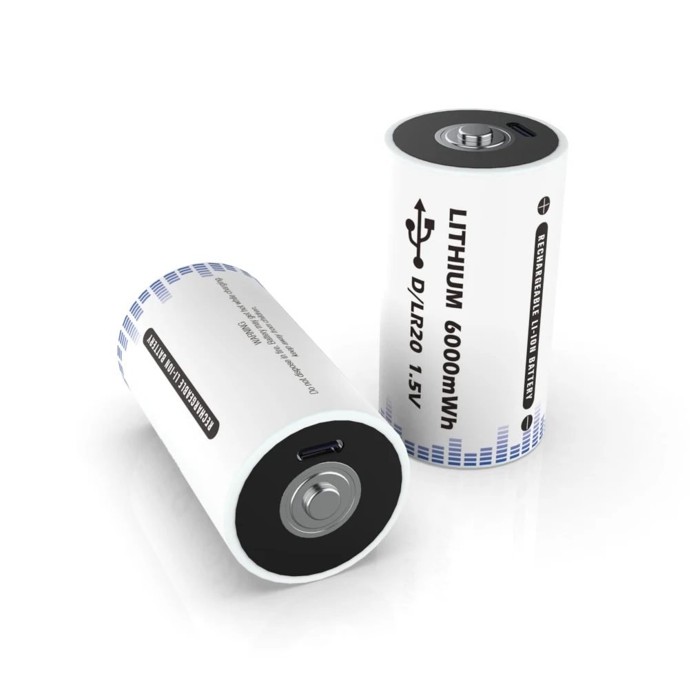 2022 New Products 1.5V 6000mWh USB Charging D1 Size Rechargeable Lithium Li Ion Battery